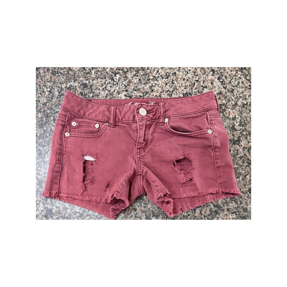 American Eagle Distressed Denim Shorts Burgundy Maroon‎ Low Rise Frayed Hem 4